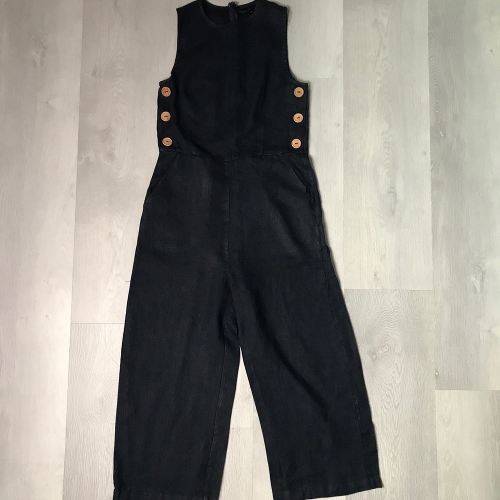 FAUXGERTY NAVY LINEN WIDE LEG JUMPSUIT SLEEVELESS WOMENS SMALL